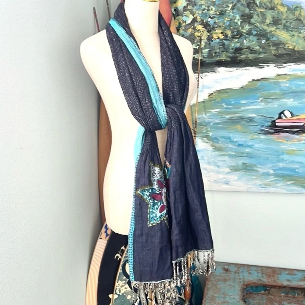 Gorgeous Embroidered Soft Rayon Scarf, Incredible Colors, Stretch, EUC, OS